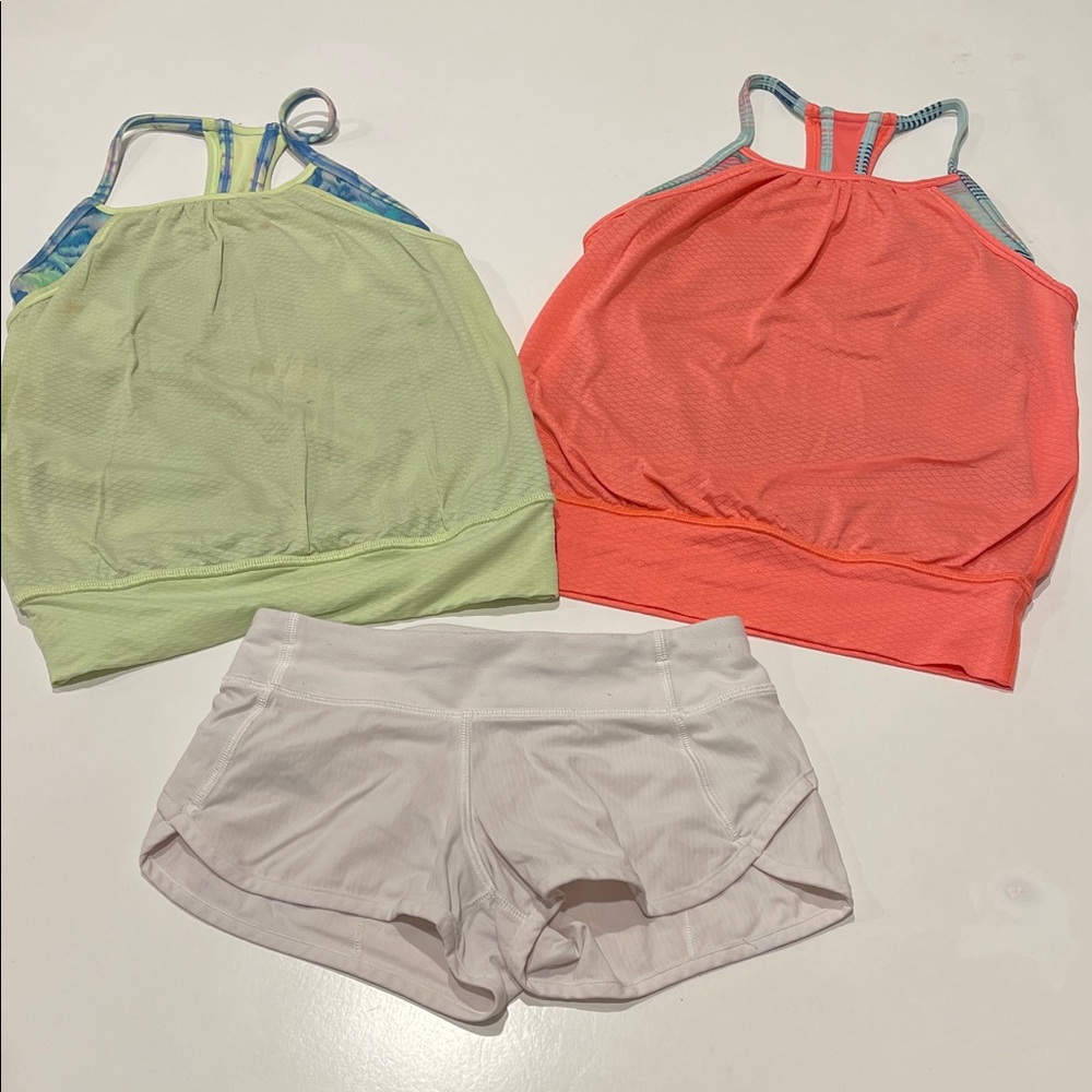 Ivivva by Lululemon Neon Pink/ Lime Green tanks with white shorts bundle / lot